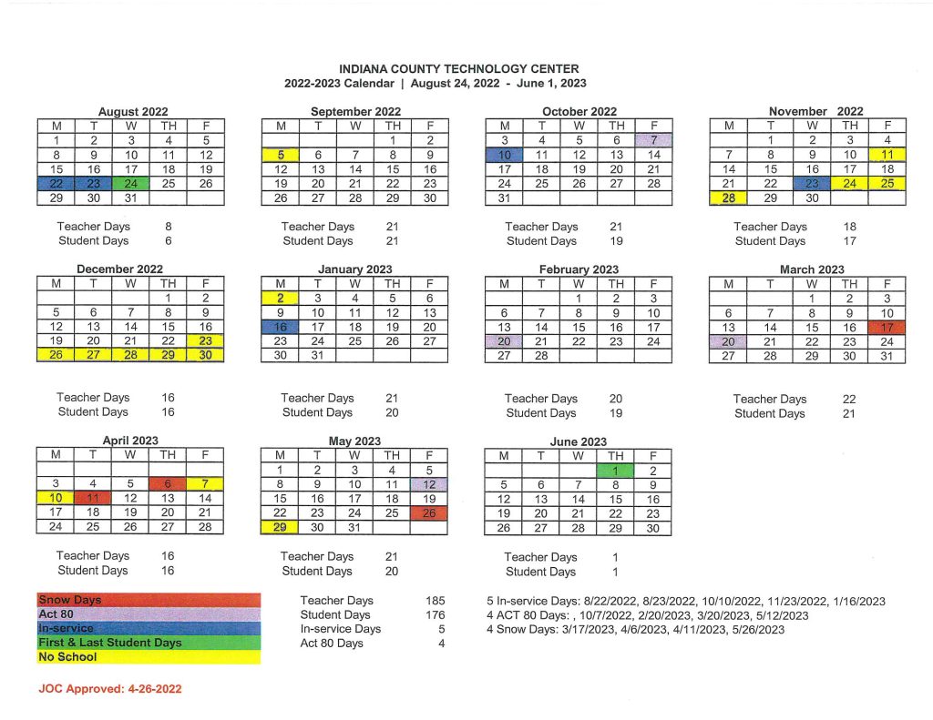 2022-2023 School Calendar - ICTC