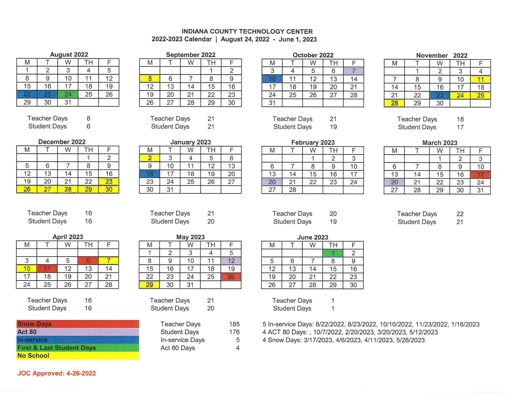ICTC 2022 2023 Calendar August 24 2022 June 1 2023 ICTC